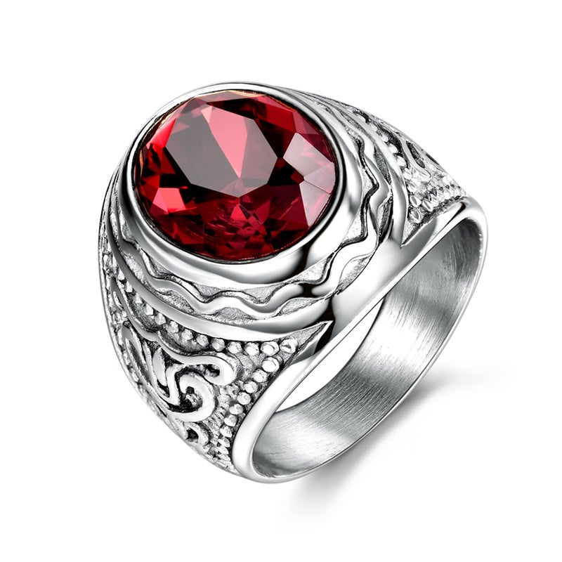 MASOP Statement Stainless Steel Jewelry Ring with Red Ruby Garnet Color Stone - Image 1